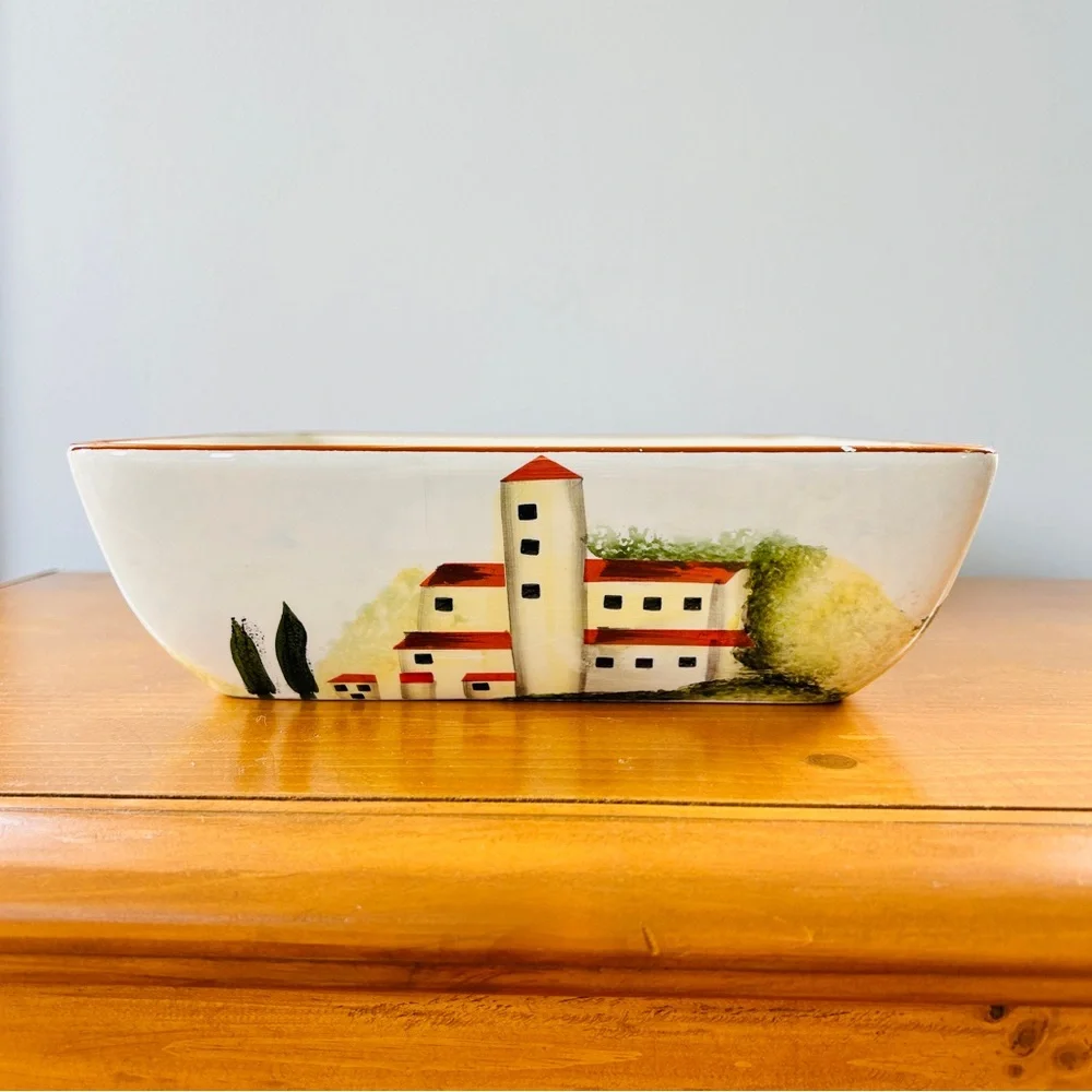 Vintage ND Hand-Painted Ceramic Italian Village Countryside Square Serving Dish